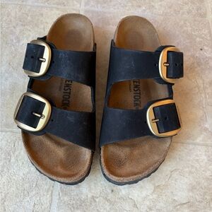Birkenstock Black Sandals with Metallic Buckles
